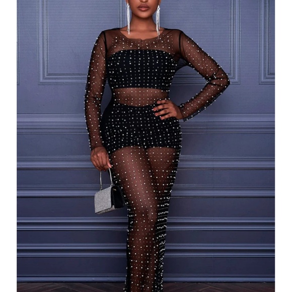 Sheer Mesh Maxi Dress Pearl and Rhinestone Studded - Picture 2 of 8